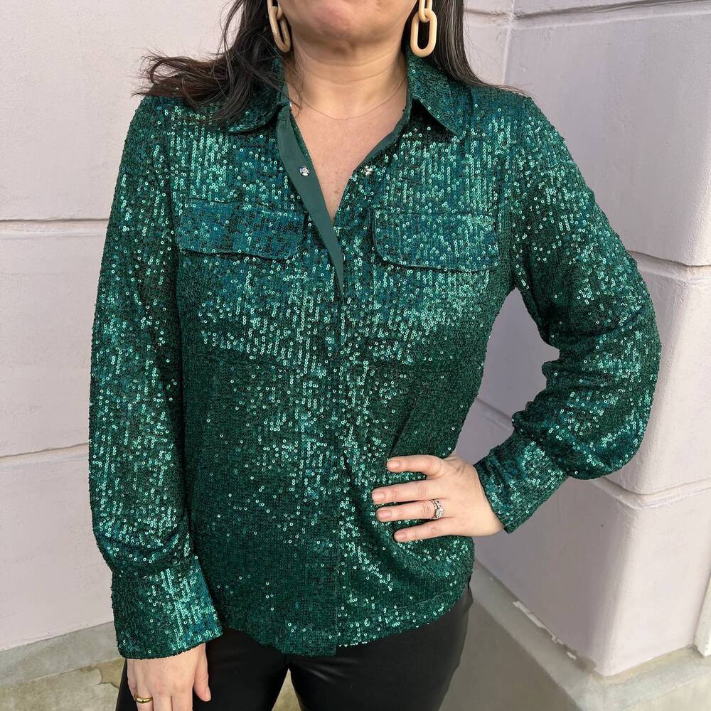 NEW VOY double pocket collared sequin blouse in green